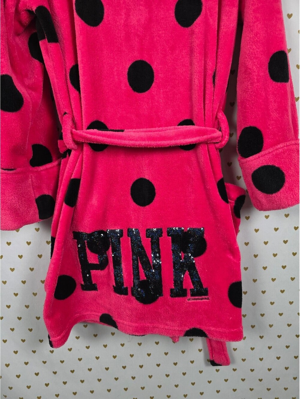 Victorias Secret Pink Bling Polka Dot Fluffy Warm Sequined Logo Robe XS SMALL